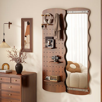 Medieval Style Wind Tunnel Hole Board Sliding Mirror Solid Wood Coat Rack Wall-Mounted Dressing Mirror Full-Length Mirror Ins Bedroom Fitting Mirror