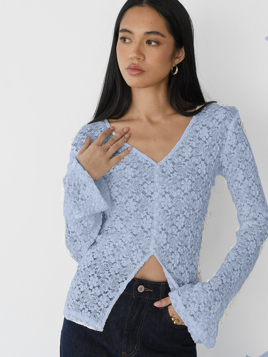 Lace Hollow Out Top Pearl Button Split Design Fitted Bell Sleeve Elegant Casual Wear for Women Wholesale Available
