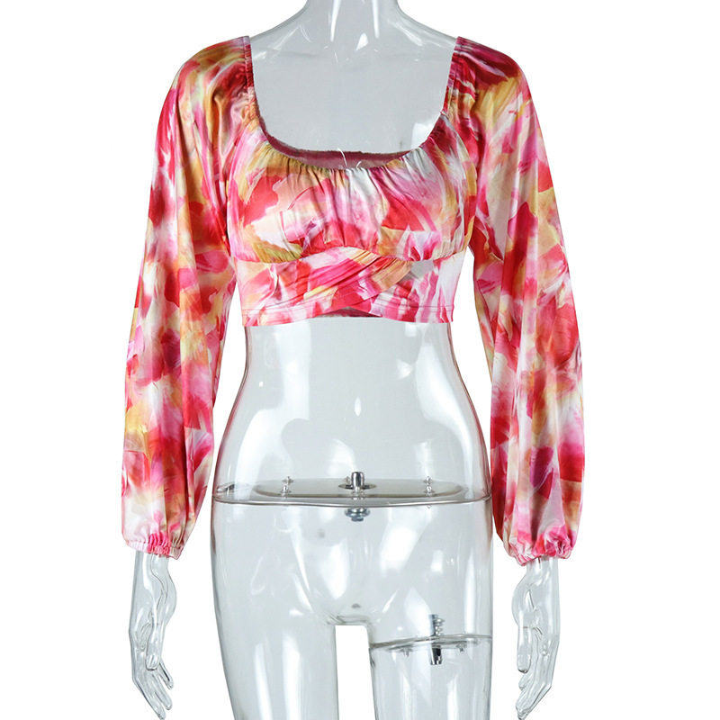 Fashionable Floral Print U Neck Lantern Sleeve Cropped Top for Women Spring Style Wholesale Available