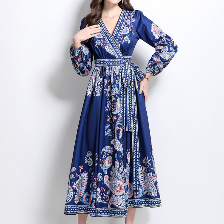 Vintage Floral Print Maxi Dress Cross V Neck Waist Tie Lantern Sleeves Spring Fashion for Women Wholesale Available