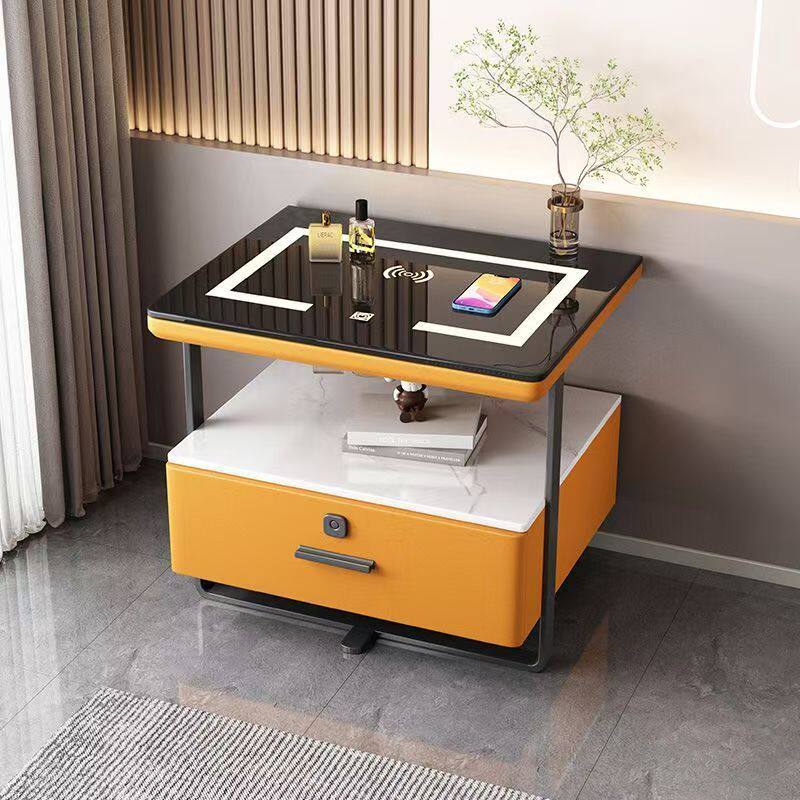 Smart Bedside Table Small Iron Art Very Simple Modern Light Luxury Rock Board Solid Wood Wireless Rechargeable Bedroom Bedside Cabinet