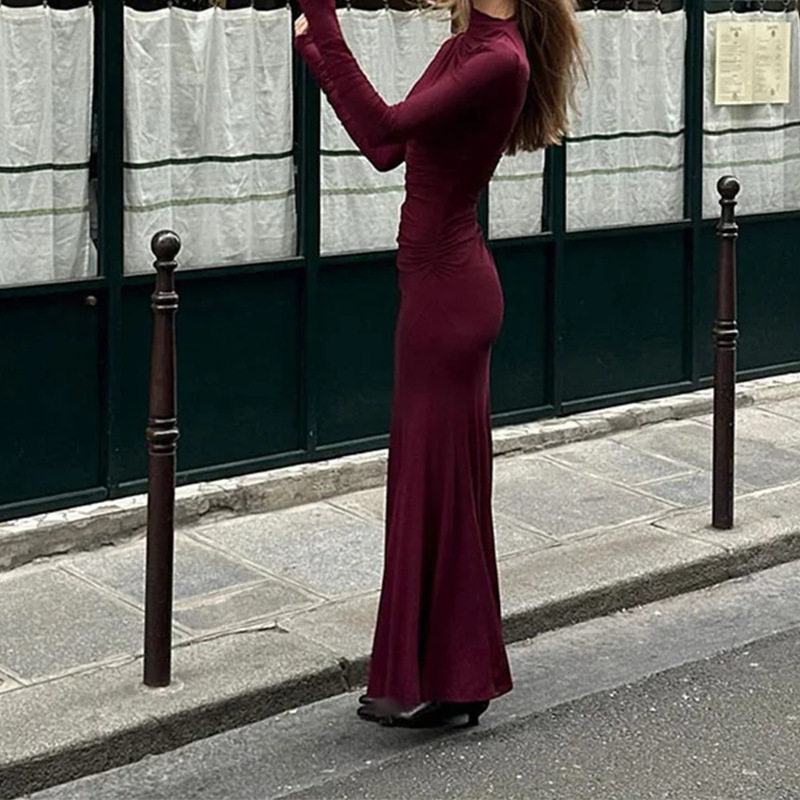 Womens Spring Dress Fashionable Solid Color Slim Fit Ruched Design Perfect for Casual or Formal Occasions