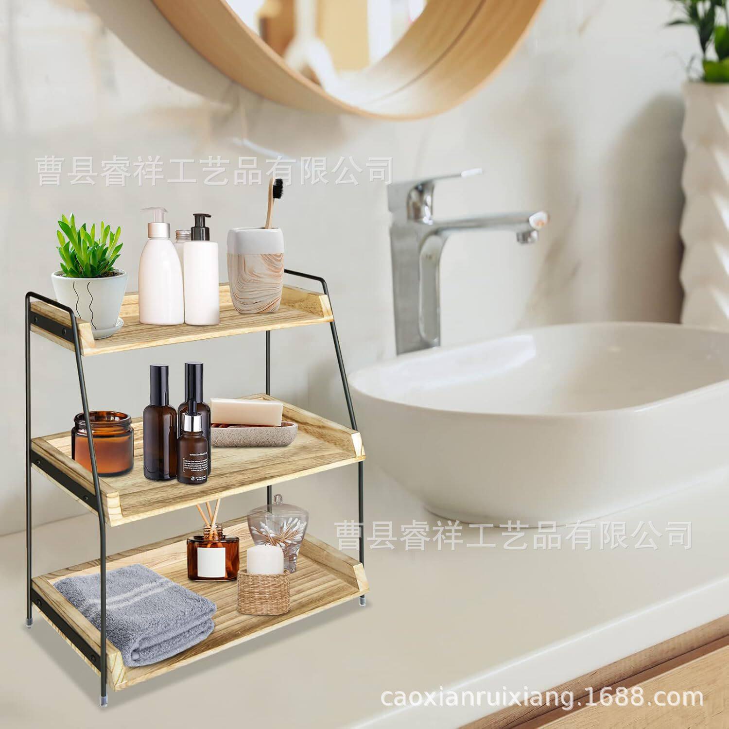 Cross-Border Spot Solid Wood Three-Layer Storage Rack Household Kitchen Spice Organizer Wooden Cosmetics Storage Rack