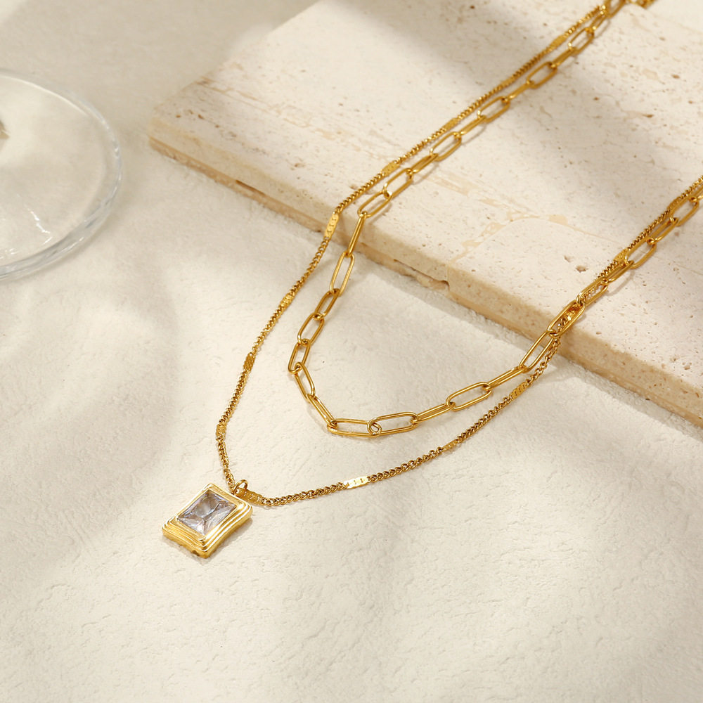 European and American fashion double-layer folded rectangular white shell stainless steel necklace women's niche high-end neck chain clavicle chain