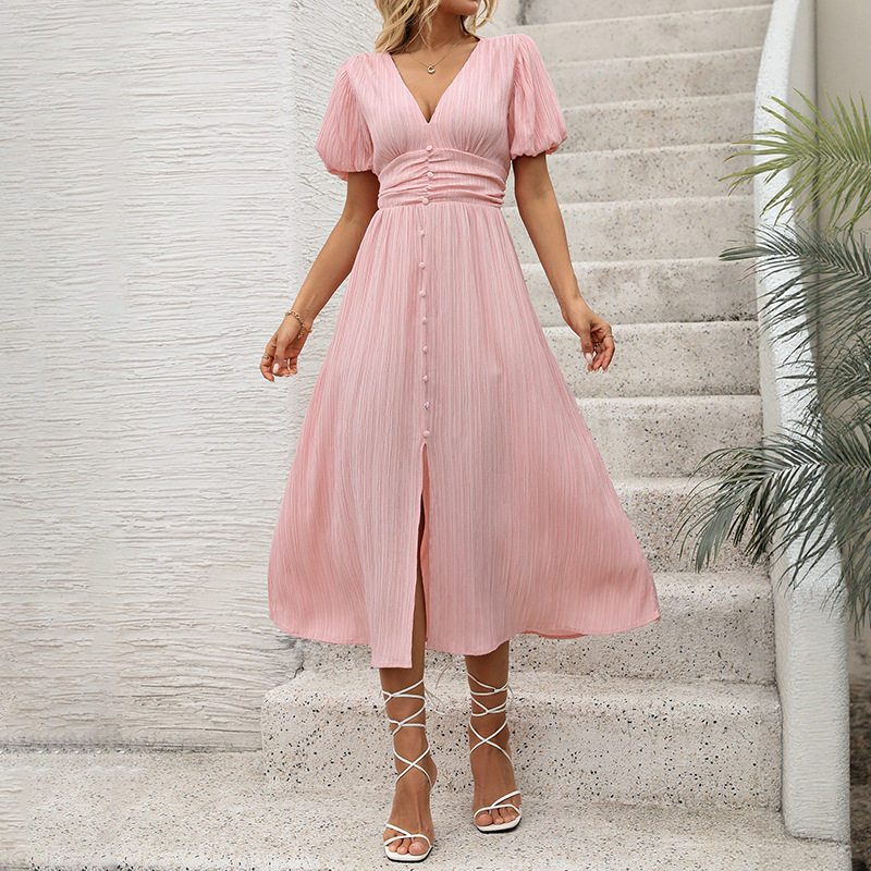 High End Pink Puff Sleeve Dress Elegant Design Perfect for Valentines Day or Special Occasions Wholesale Available