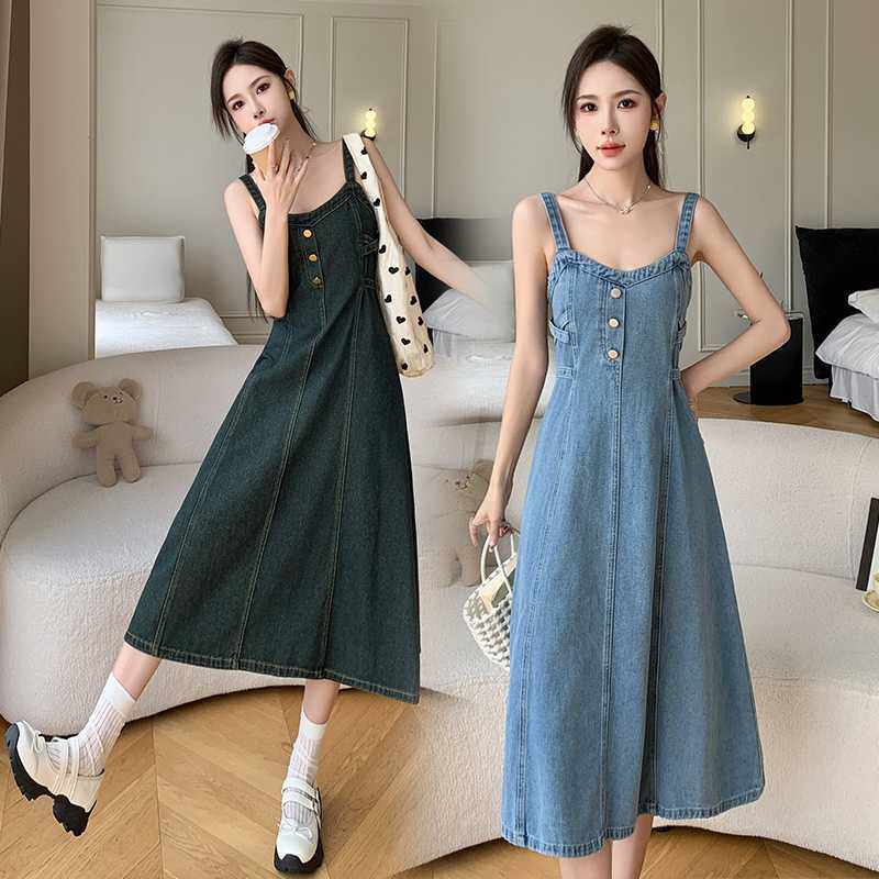 实拍2024年春秋夏季四季打底裙 牛仔背带裙中长款连衣裙女