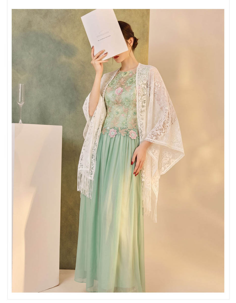 Đầm dài nữ không tay cổ tròn thêu hoa nổi phối ren — Xanh bạc hà