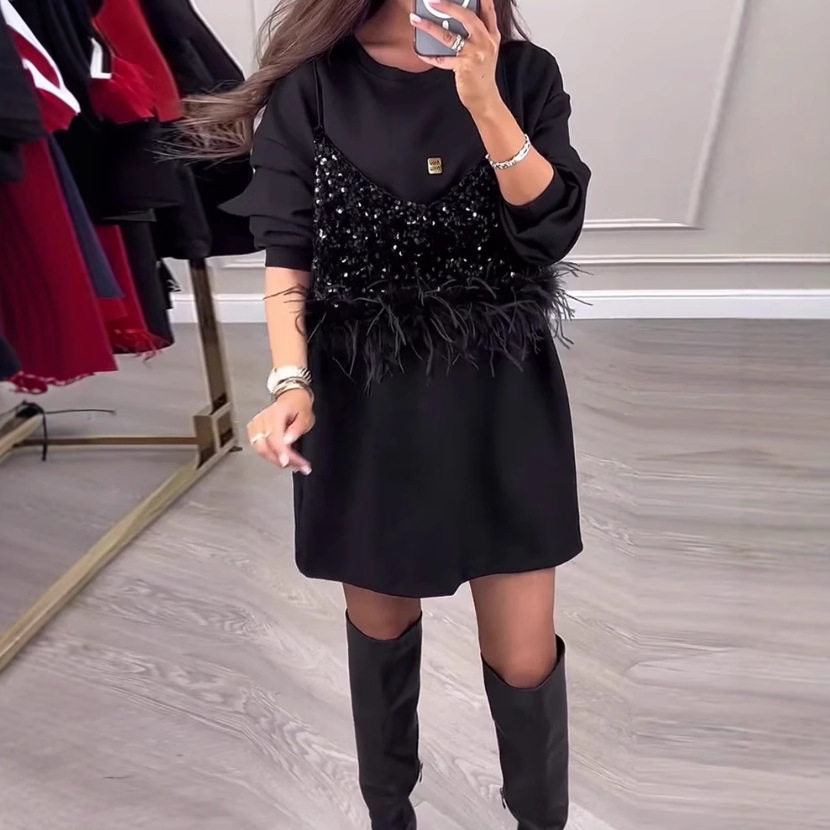 Winter Womens Dress Elegant Solid Color Round Neck Sequin and Feather Detail Evening Party Wear Wholesale Available