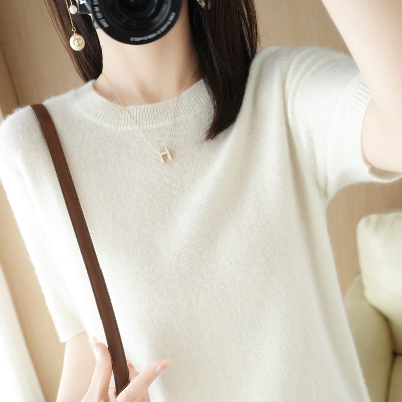 套头毛衣女非羊绒圆领短袖宽松t恤内搭针织衫打底春秋季短款上衣