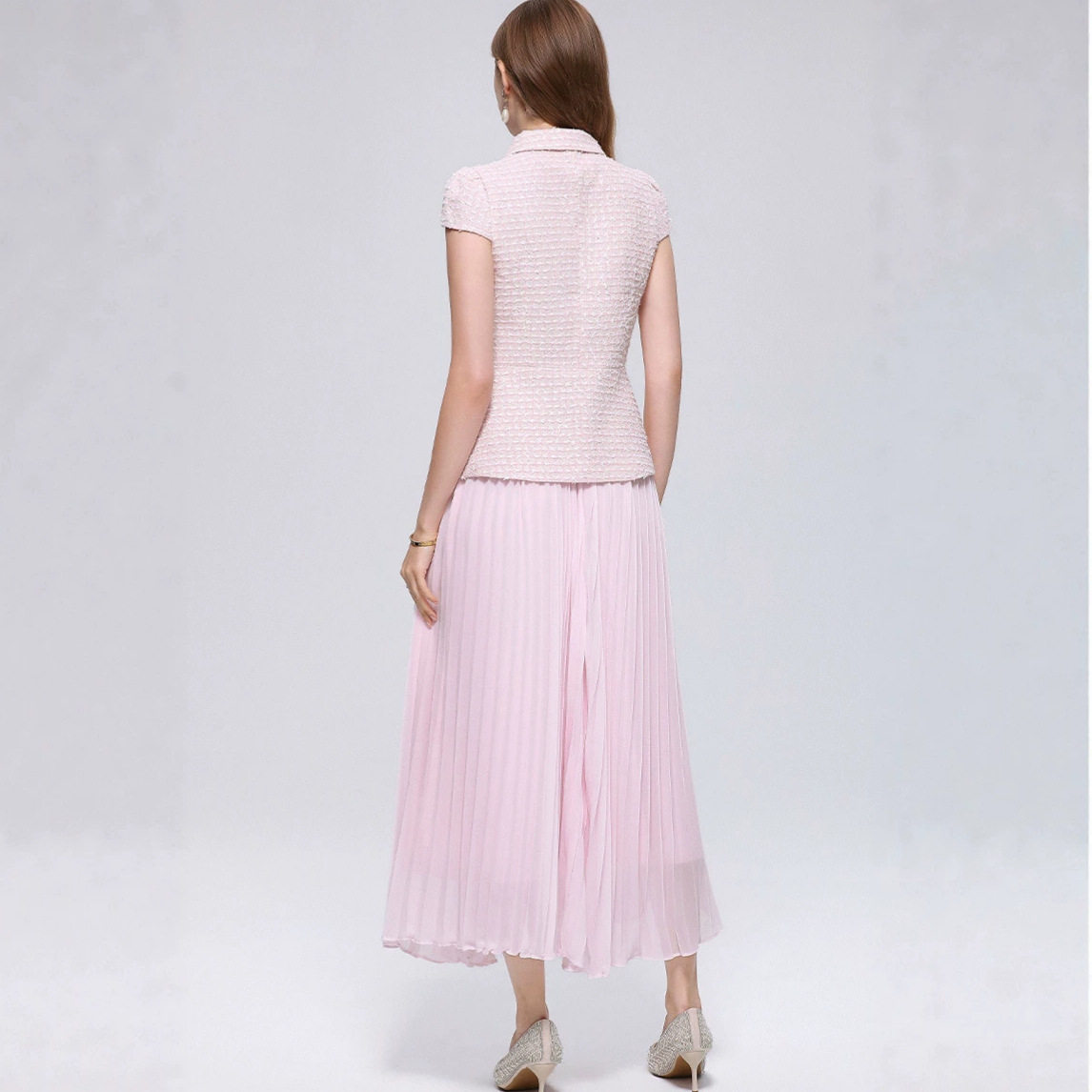 French Style Sweetheart Collar Sleeveless Top with Pleated Skirt Elegant Summer Two Piece Set for Women Wholesale