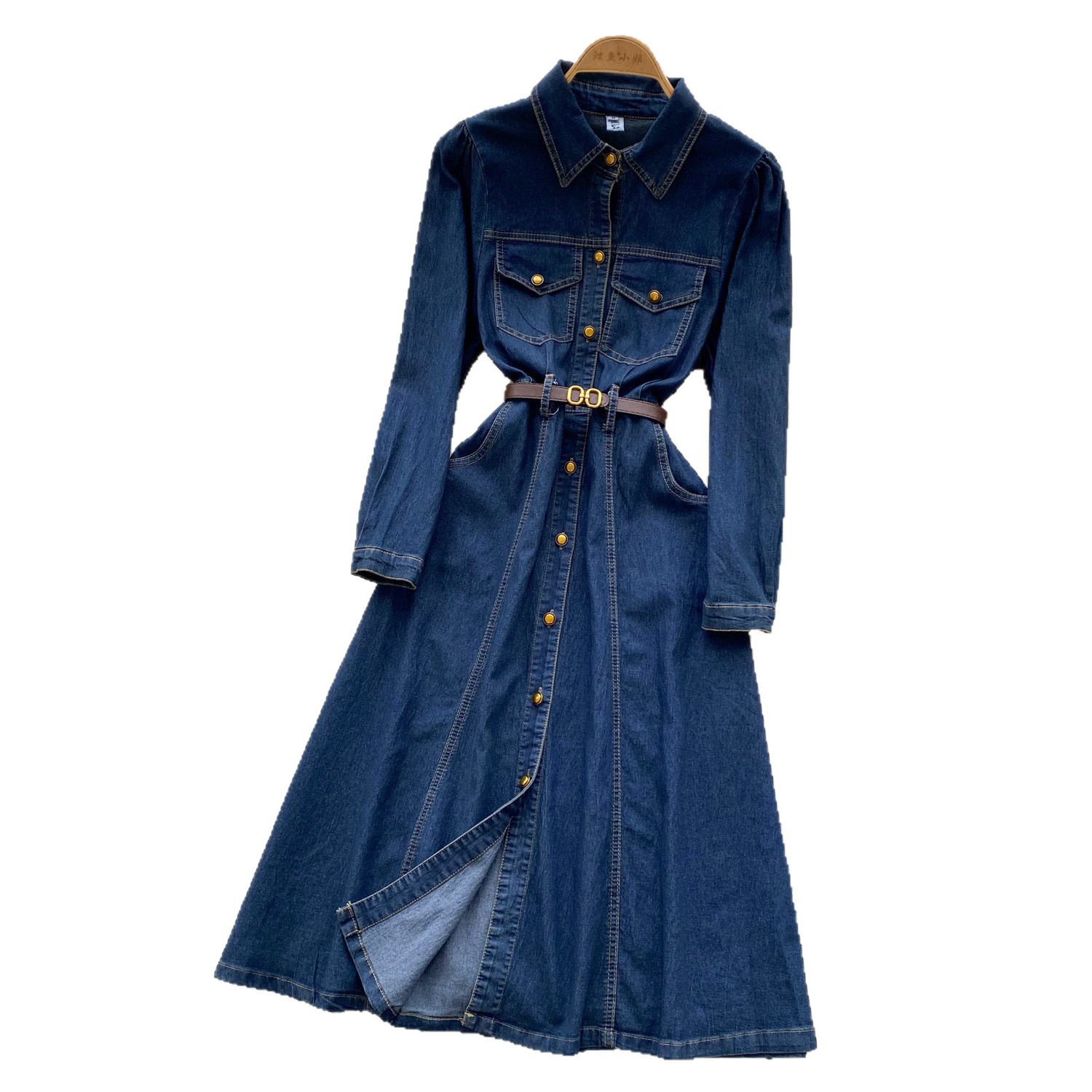 Vintage Style Denim Polo Dress for Women Slim Fit Belted Button Design Elegant Long Dress for Winter Wholesale