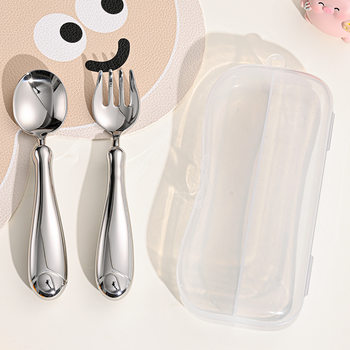 304 Stainless Steel Kidsren's Spoon and Fork Household Kidsren's Tableware Set Food Feeding Tableware Portable Storage Box Spoon and Fork