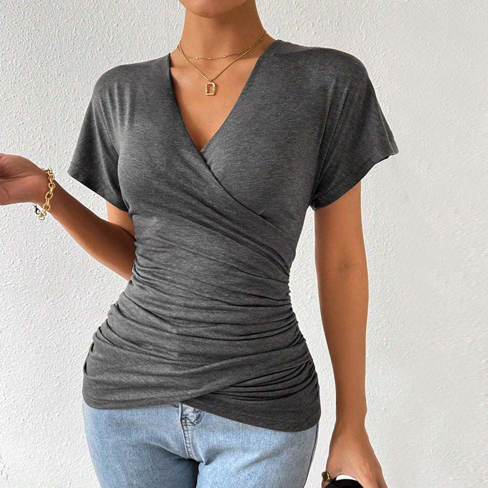 Knit Deep V Neck Top Slimming Waist Ruched Design Sexy Casual Wear for Women Wholesale Available