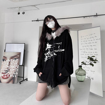 Curryman Winter New Original Guitar Graffiti Furry Hooded Rabbit Ear Sweatshirt Thick Jacket Loose Street Fashion for Men and Women