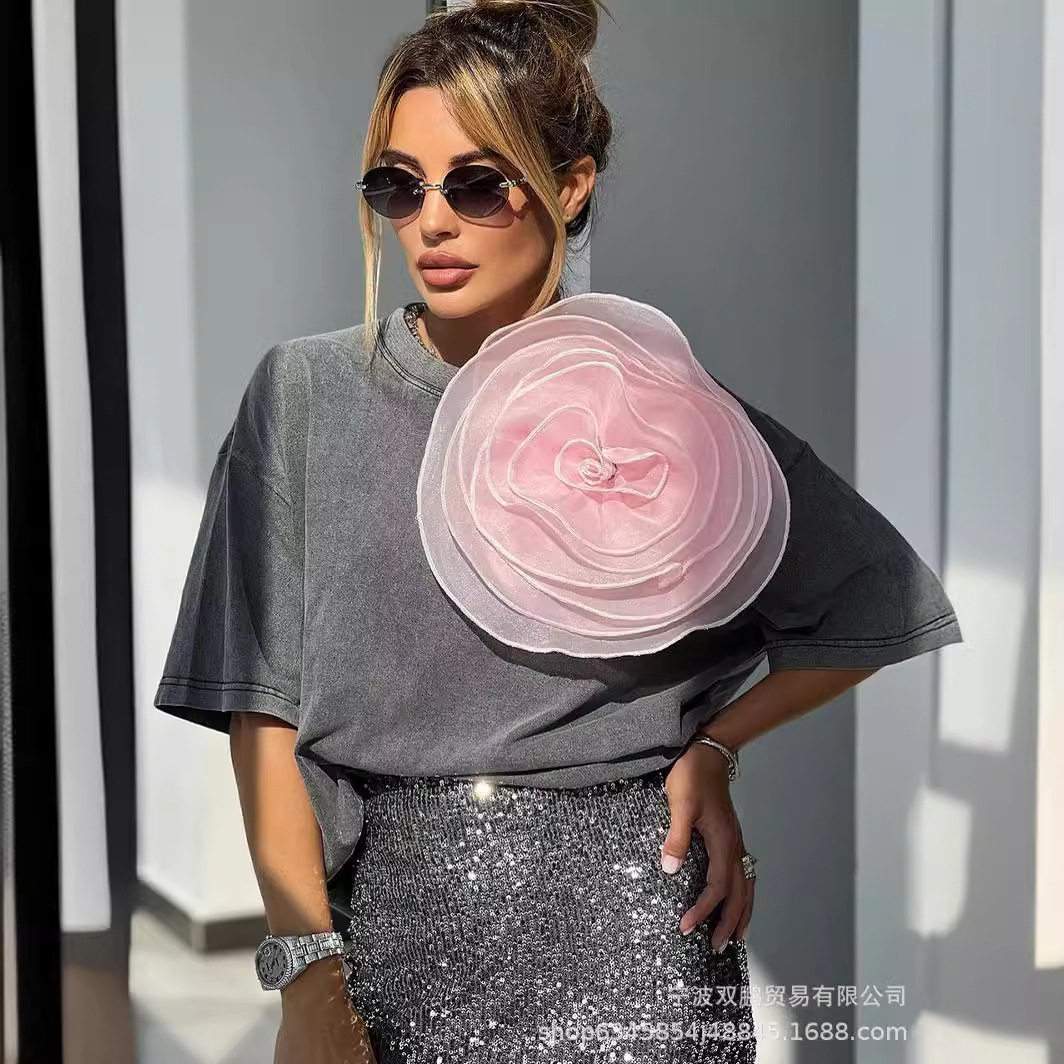 Womens Vintage Style Short Sleeve Cotton T Shirt Washed Wax Dyed Faded Look Streetwear Summer Casual Wear