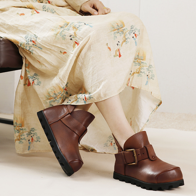 Boot nữ cổ thấp da bò thật đế bằng phong cách cổ điển — Màu đen, Màu nâu đậm