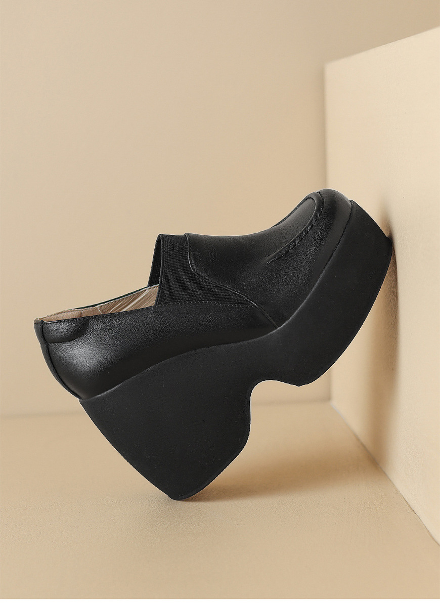 Giày cao gót nữ đế xuồng platform da bò mũi tròn gót 9cm — Màu đen