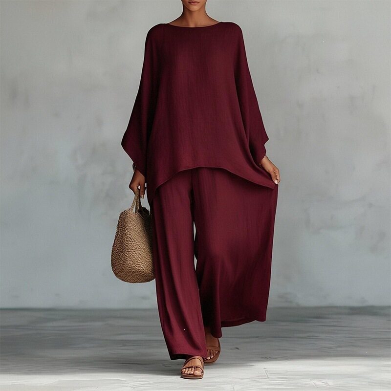 Spring Womens Fashion Set Loose Fit Solid Color Batwing Sleeve Wide Leg Pants Casual Wear Wholesale Available