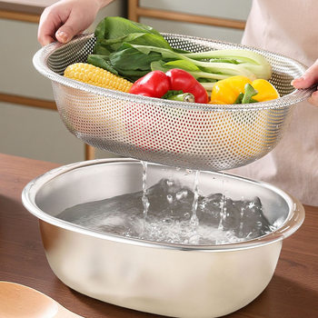 Extra-Large Stainless Steel Draining Basin for Home Use, Suitable for Washing Vegetables, Rinsing Rice, and as a Multi-Purpose Large-Capacity Baking and Kneading Basin for the Kitchen
