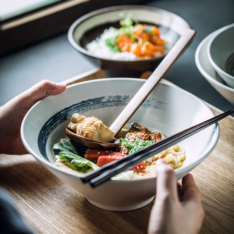 Japanese-style Ceramic Bowl Creative Ramen Bowl Household Soup Noodles Large Bucket Bowl Commercial Horn Bowl Tableware suit Wholesale