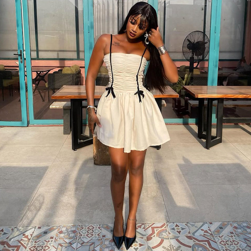 Black and White Color Block A Line Dress Ruffled Strapless Fashionable Minimalist Style Perfect for Casual Outings