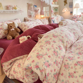 Red Floral Winter Thickeneded Double-Sided Milk Velvet Four-Piece Quilt Cover Warm Coral Velvet Dormitory Three-Piece Set