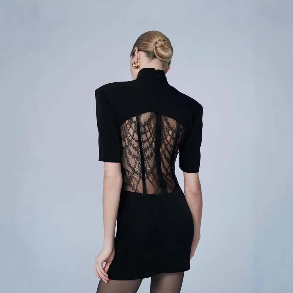 Lace Panel Sheer Bodycon Dress Elegant Solid Color Trendy Style Perfect for Parties Wholesale Available