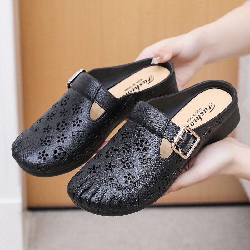 New Flat Non-Slip Middle-Aged Mom Closed-Toe Slippers, Faux Leather Mid-Heel Clogs for Women
