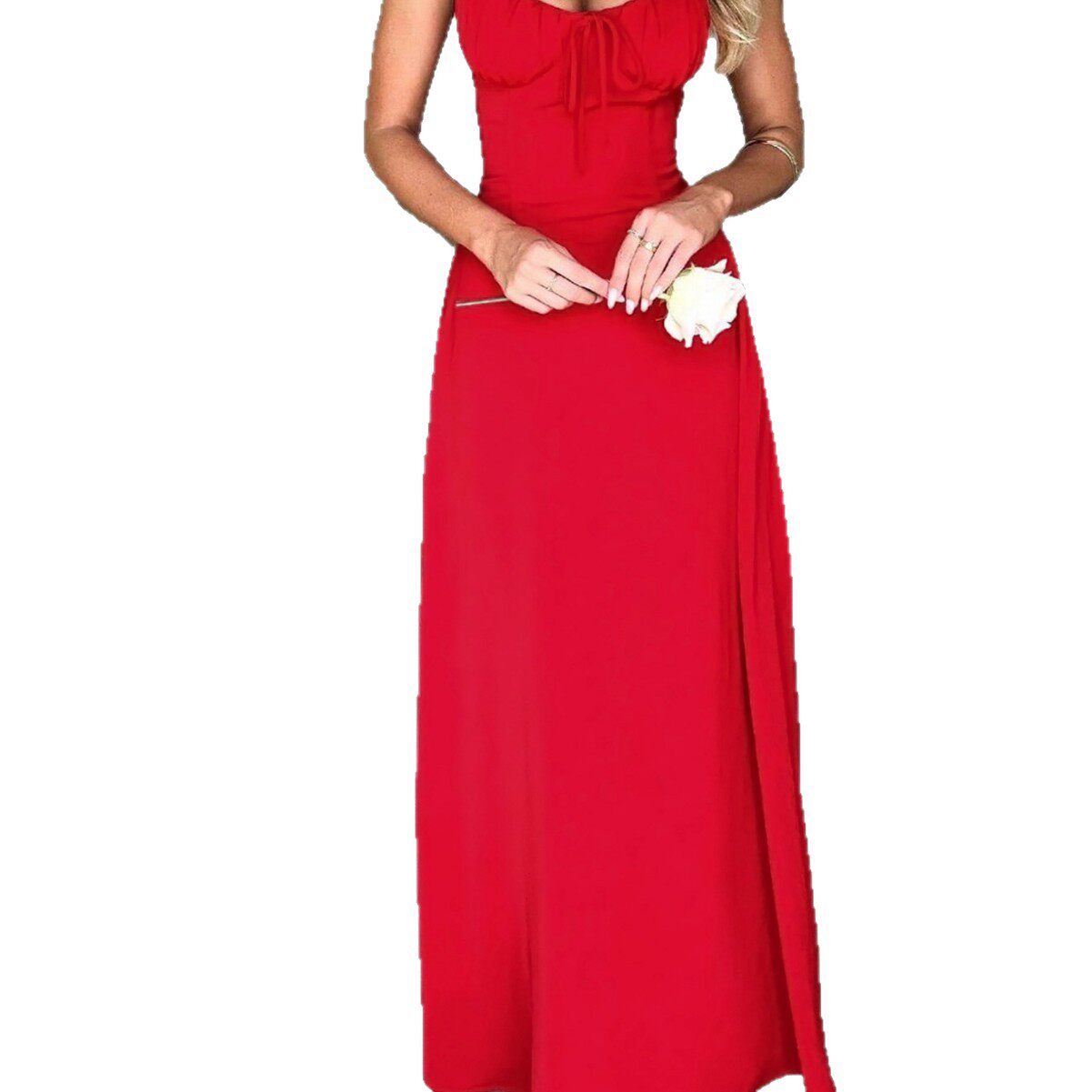 Elegant Red Long Dress French Style Adjustable Straps Waist Tie Flowy Fabric Perfect for Valentines Day