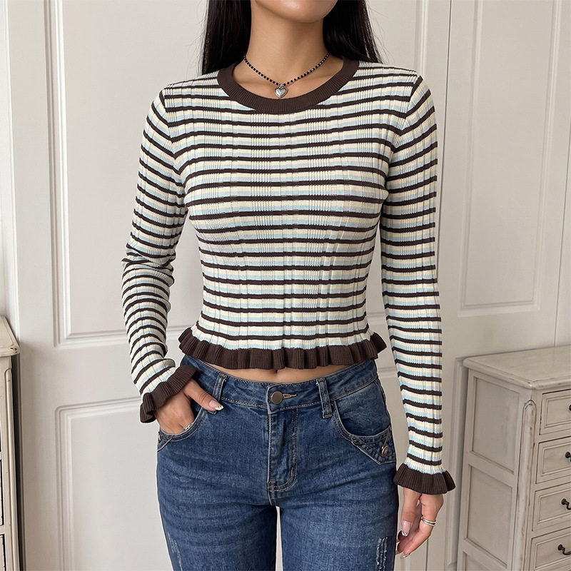 Retro Striped Short Sleeve Sweater Round Neck Flared Sleeves Casual Style Perfect for Spring and Fall Wholesale