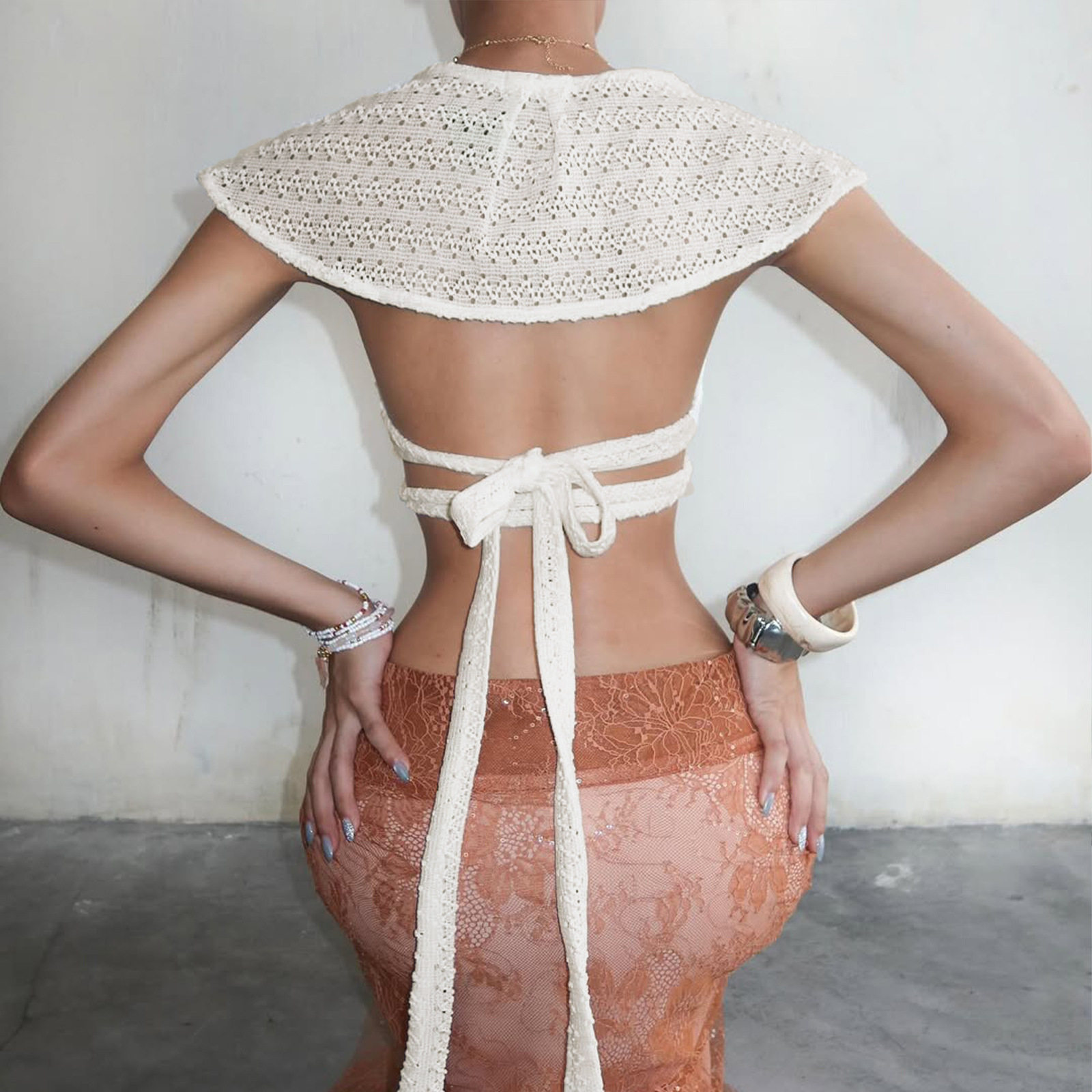 Spring Womens Sexy Hollow Out Crop Top Short Flutter Sleeves Tie Design Trendy Style Perfect for Casual Outings
