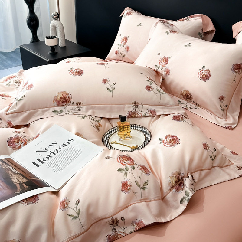 100-Count Tencel Cotton Brushed Four-Piece Set Autumn and Winter Cotton Bed Bed Sheets Quilt Cover Accessible Luxury Printed Cotton Bedding