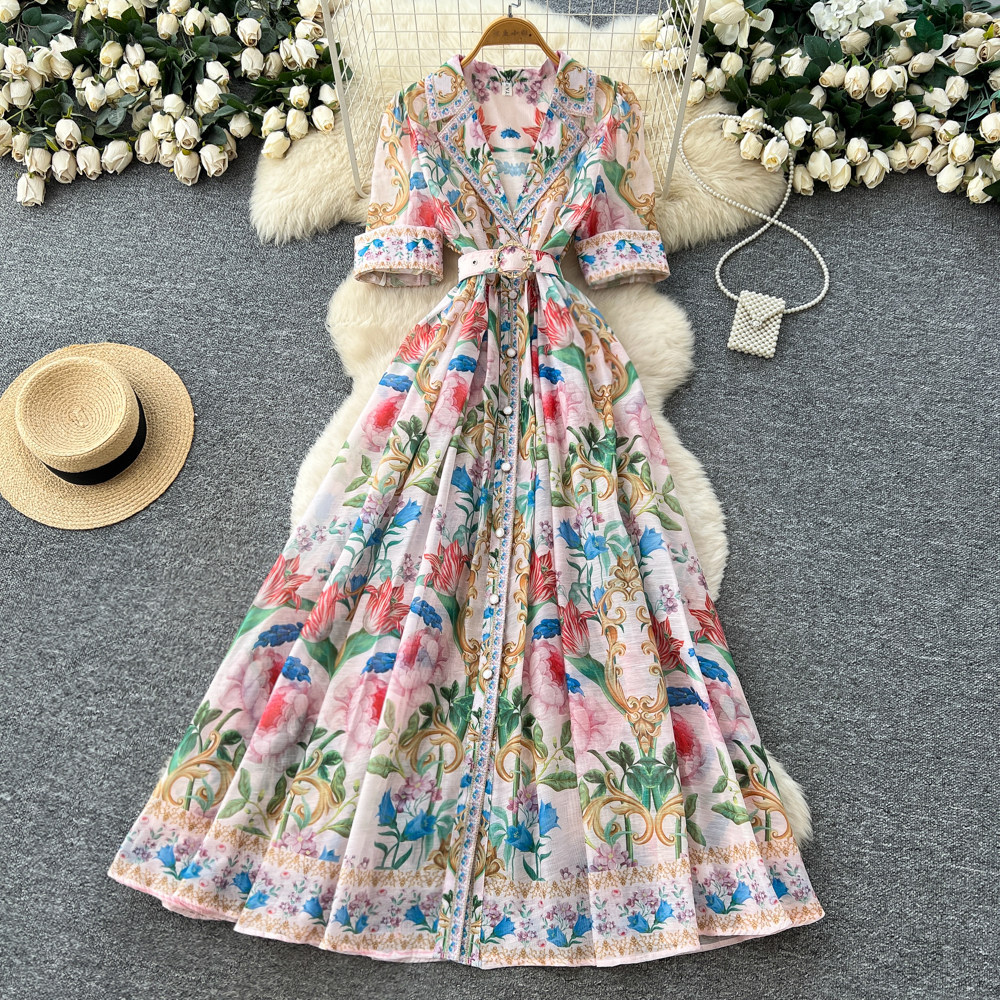 Vintage French Style Short Sleeve Printed Dress for Women V Neck Waist Defined A Line Flowy Skirt Summer Vacation