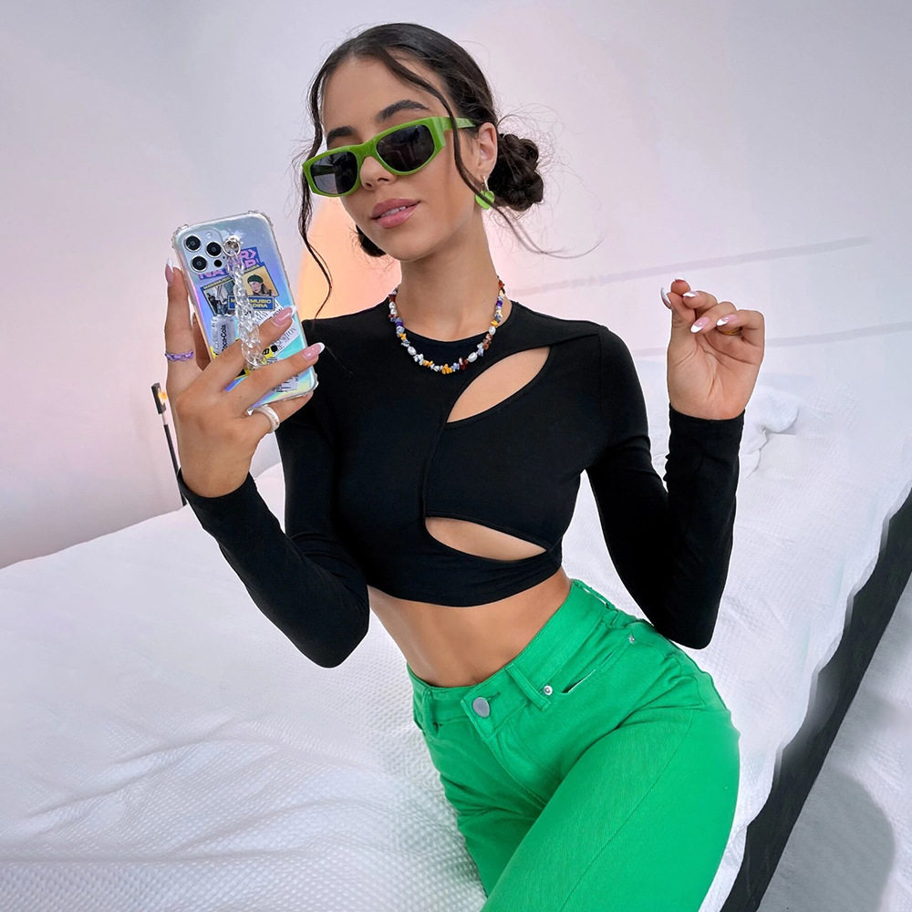 Womens Casual Hollow Out Slim Fit Crop Top Long Sleeve Street Style Trendy Design Perfect for Everyday Wear