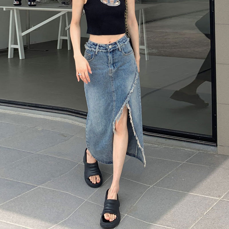 Irregular Hem Denim Skirt for Women High Waist Split Design Fringe Detail A Line Silhouette Summer Casual Wear