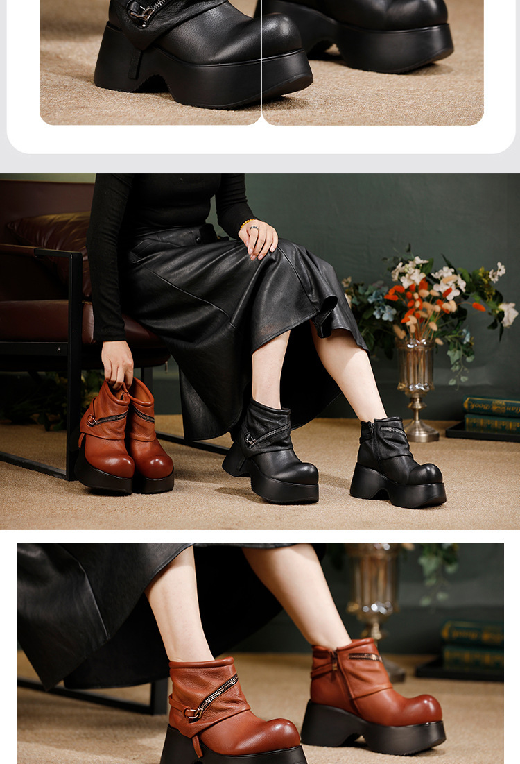 Boot nữ cổ ngắn da bò thật đế dày tăng chiều cao, thiết kế tối giản cá tính — màu đen, Màu nâu