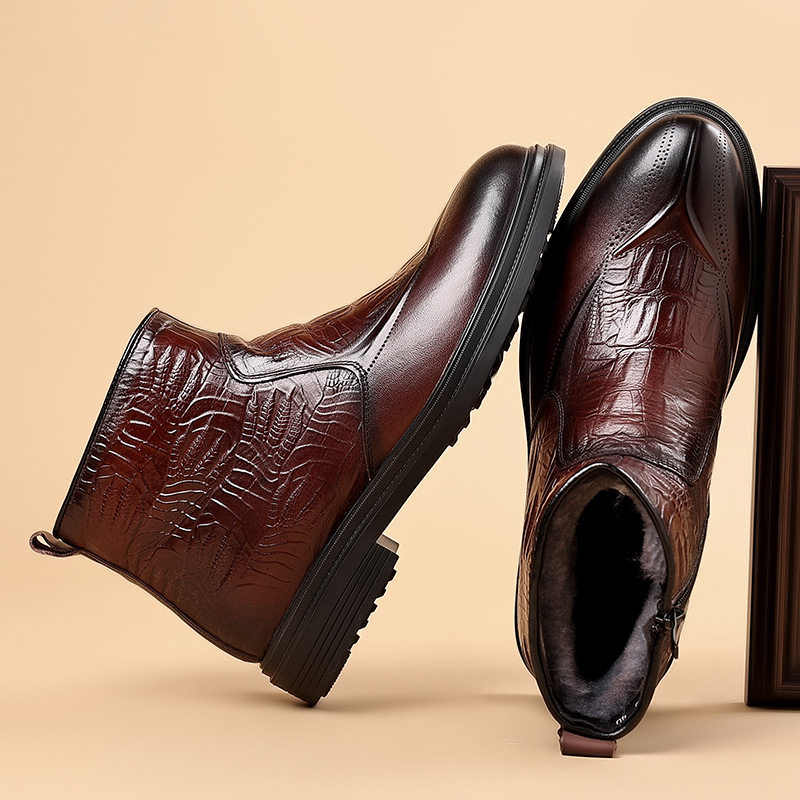 Boot Nam Da Bò Lót Lông Cừu Giữ Ấm Mùa Đông Chiều Cao Đế Khoảng 3cm Màu Đen, Nâu
