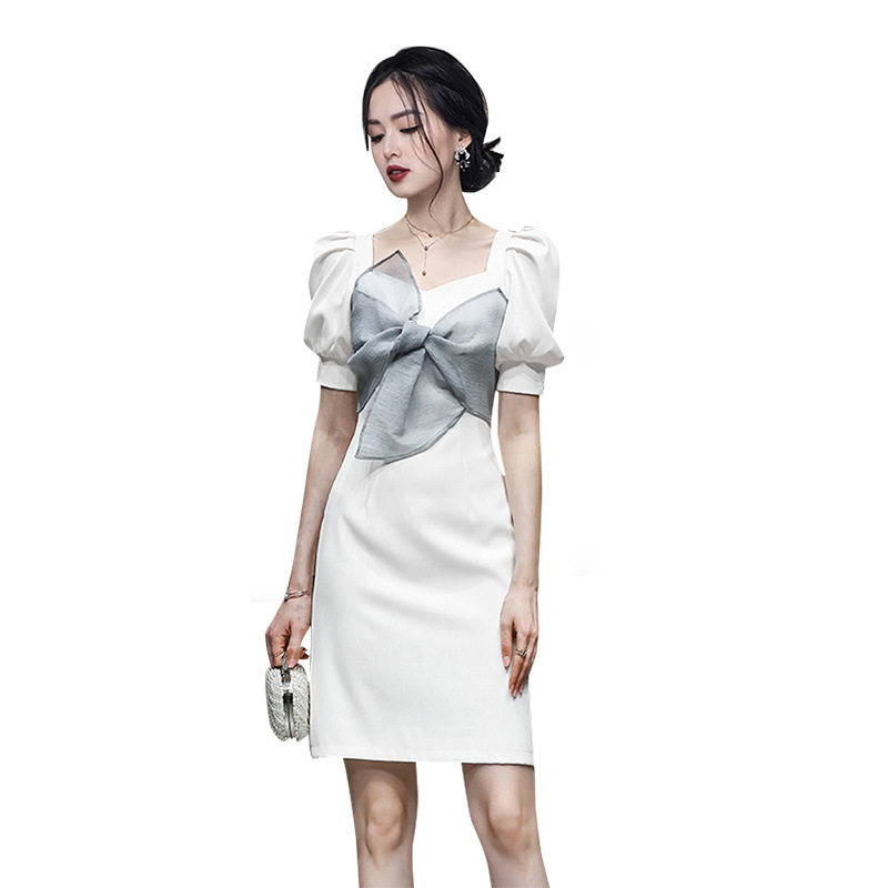 Đầm suông nữ midi tay ngắn cổ vuông chất polyester — Trắng, Đen