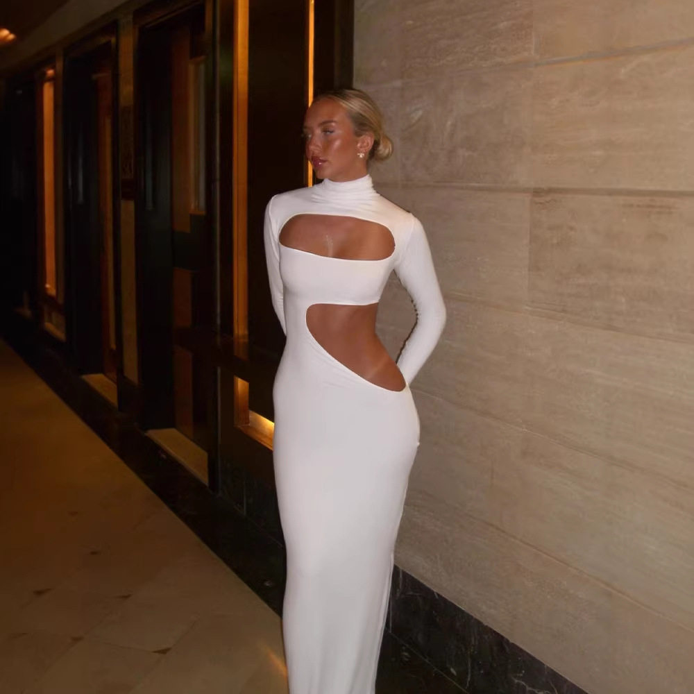 Elegant High Neck Long Sleeve Bodycon Dress Hollow Out Design Solid Color Slim Fit Perfect for Evening Events