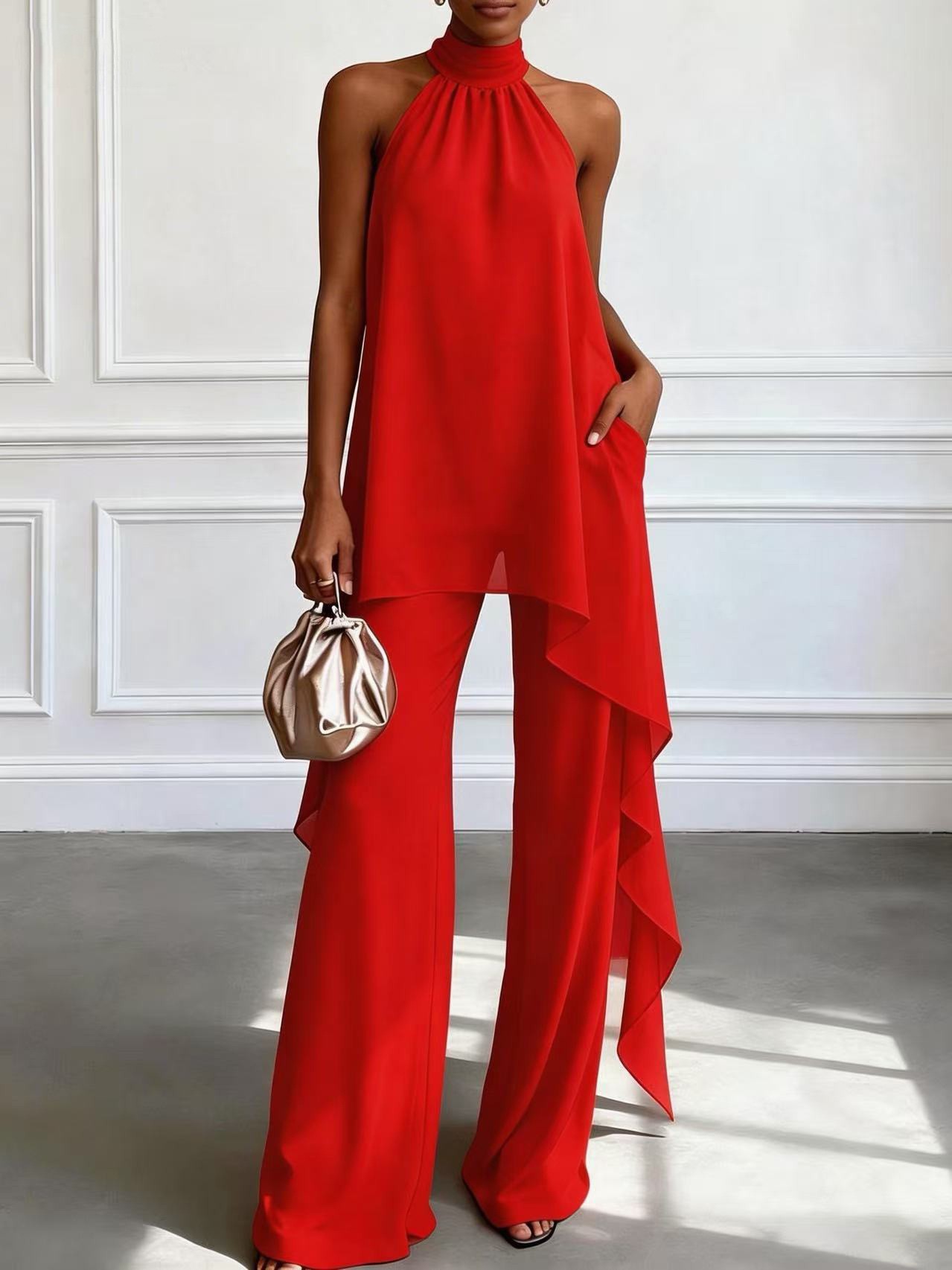Chiffon Two Piece Set Sleeveless Halter Neck Solid Color Spring Summer Fashion for Women Wholesale Available