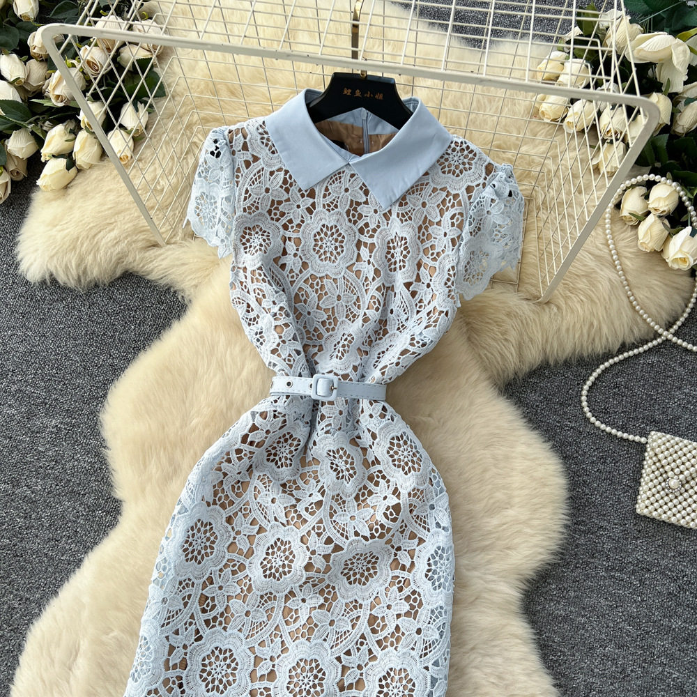 Elegant French Style Midi Dress for Women High End Hollow Lace Slim Fit Flared Hem Autumn Fashion Wholesale
