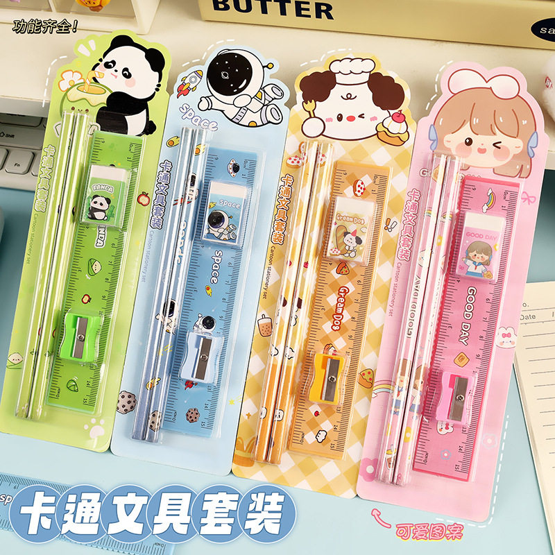 Cartoon Learning Stationery Set Small Gift for Primary School Students Five-Piece Set Pencil Eraser Ruler Learning Supplies Wholesale