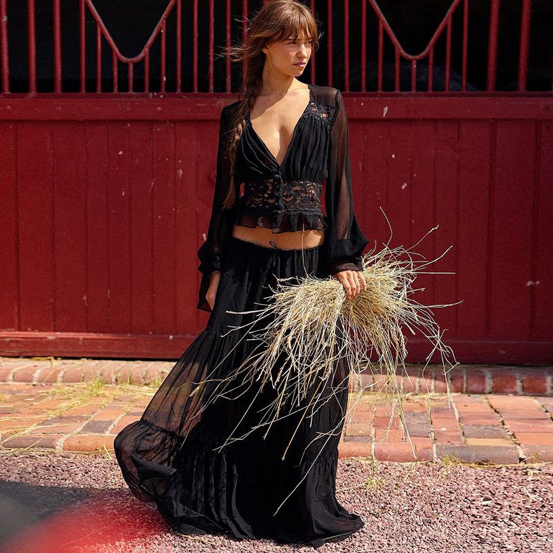 时尚法式欧美跨境新款女装性感蕾丝雪纺开衫上衣宽松透视绑带长裙