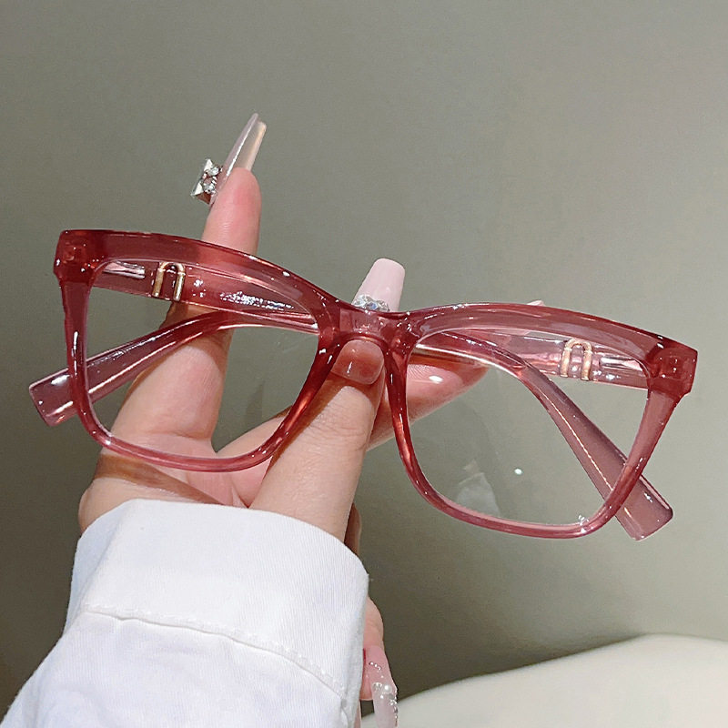 Casual Plastic U-Shaped Gold Embellished Mirror Frame Pomegranate Red Square Frame Anti-Blue Light Glasses for Women Fashionable Work Clothing Flat Glasses