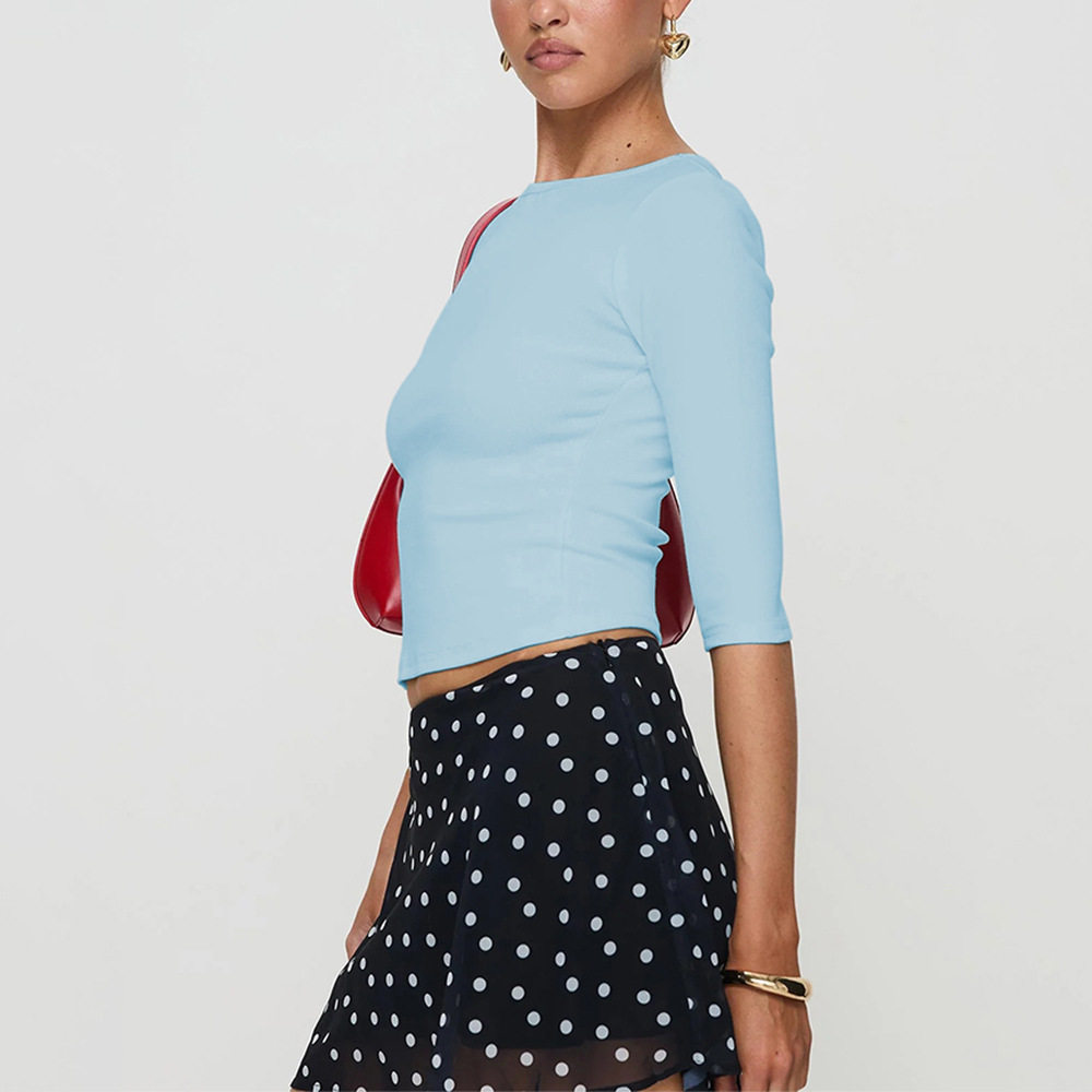 Slim Fit Light Blue Cropped Top 3 4 Sleeve Solid Color Sweet Style Spring Summer Womens Fashion Wholesale Available