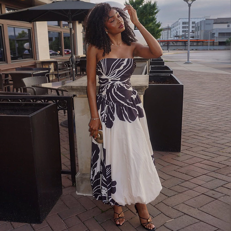 Color Block A Line Dress Black and White Print Off Shoulder Neckline Casual Style Wholesale Available
