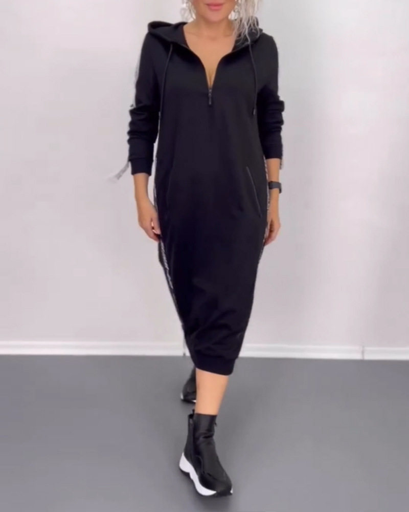 Hooded Long Sleeve Dress Letter Print Split Design Trendy Style Autumn Winter Fashion for Women Wholesale Available