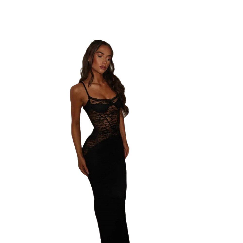 Sexy Lace Trimmed Maxi Dress Spaghetti Straps Flowy Silhouette Elegant Design Perfect for Summer Events Wholesale