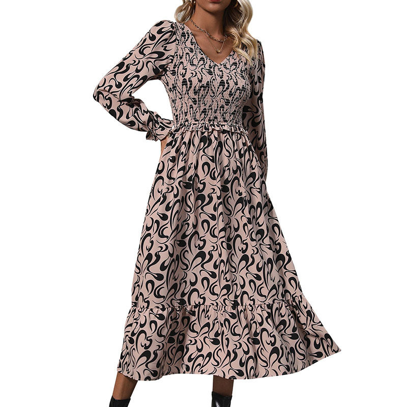 Vintage Inspired Long Sleeve V Neck Dress Abstract Print Casual Vacation Ready Wholesale Availability
