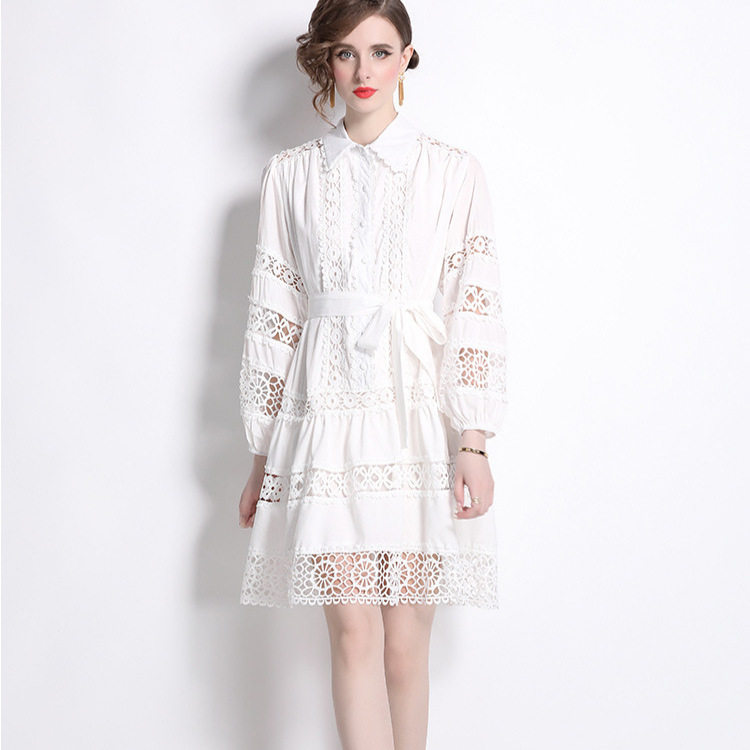 Vintage French Style Womens A Line Dress Hollow Embroidery Lace Panels Lantern Sleeves Button Closure Elegant